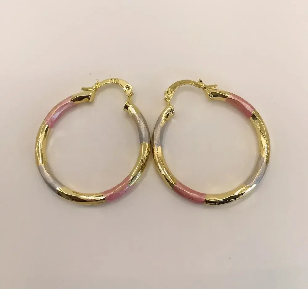 Women's Tri Color 14k Gold Plated 1.20in hoop Earrings Coquetas Oro laminado
